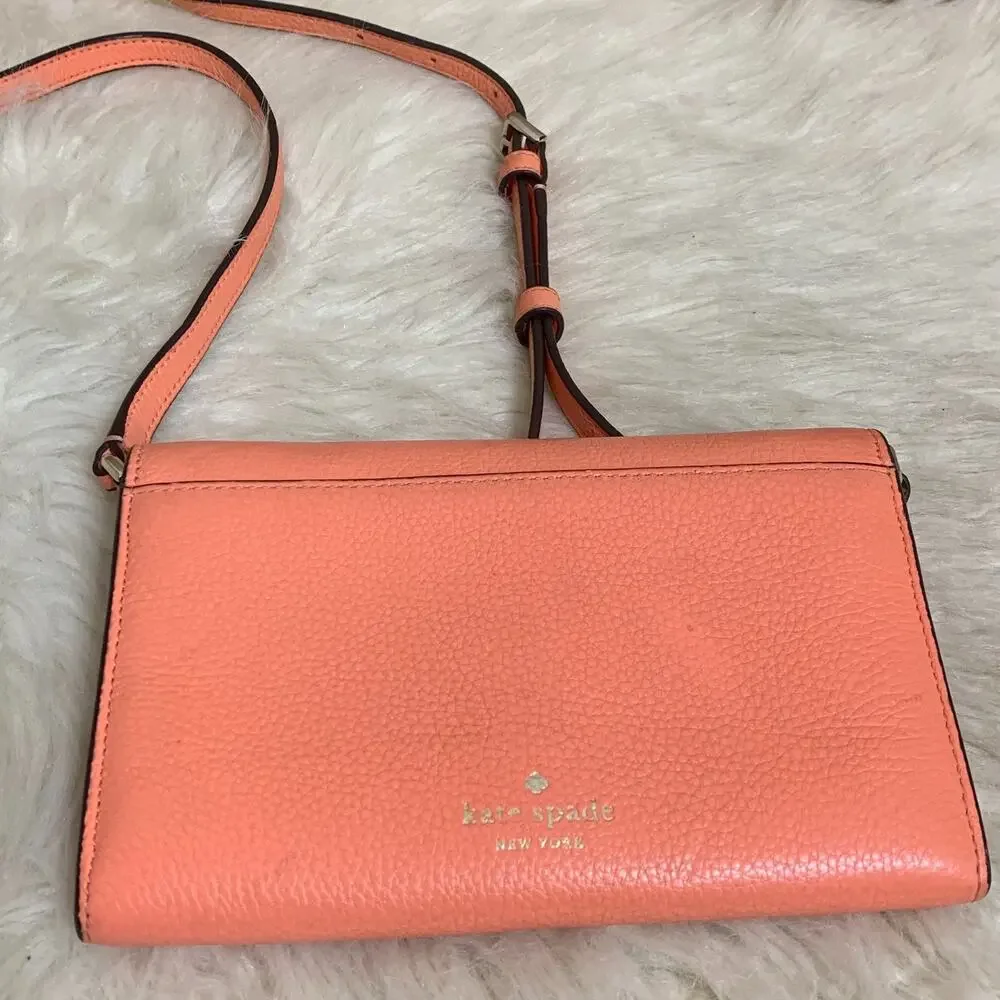 KATE SPADE Melon Pebbled Leather MARTI Large Slim Flap Wallet w/XBody Strap
